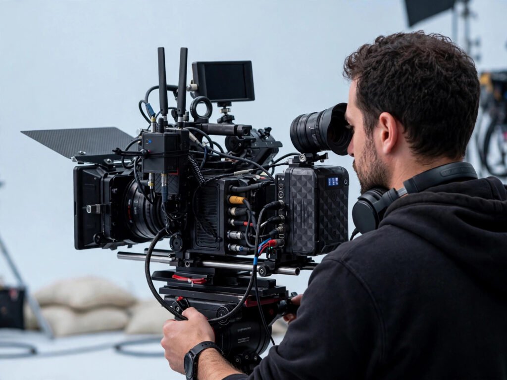 V-mount battery powering a professional cinema camera on a film set